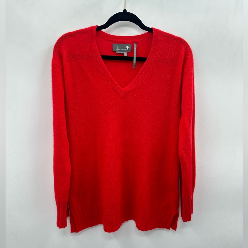 ANTHROPOLOGY Red 100% cashmere woman soft luxurious V neck pull-over sweater S